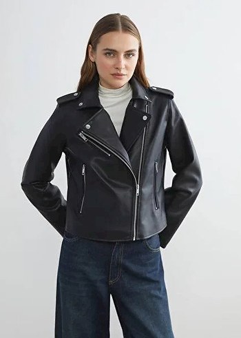 Siyah Deri Biker Ceket, Normal Boy, Fermuarlı - Görsel 2