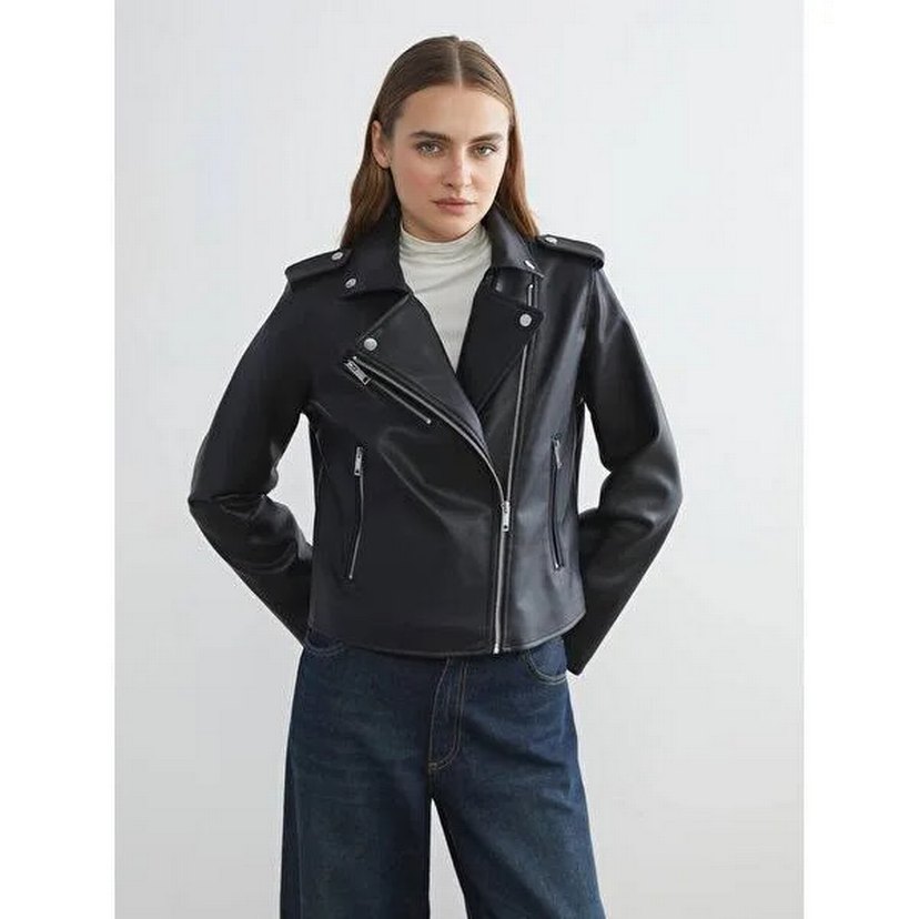 Siyah Deri Biker Ceket, Normal Boy, Fermuarlı - Görsel 2