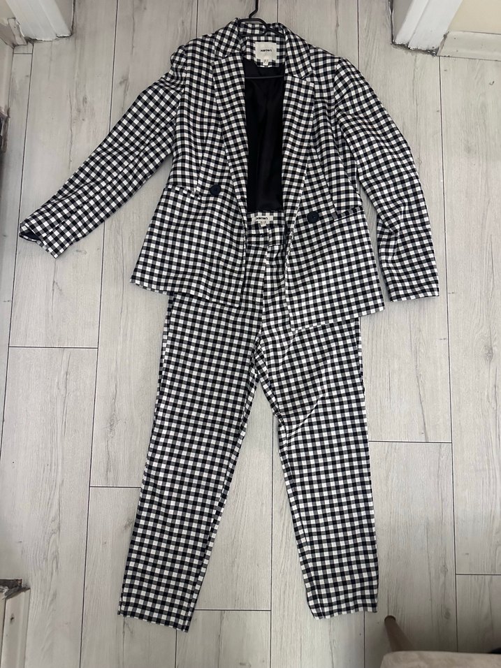 Gri Kareli Düğmeli Kadın Blazer - Görsel 3