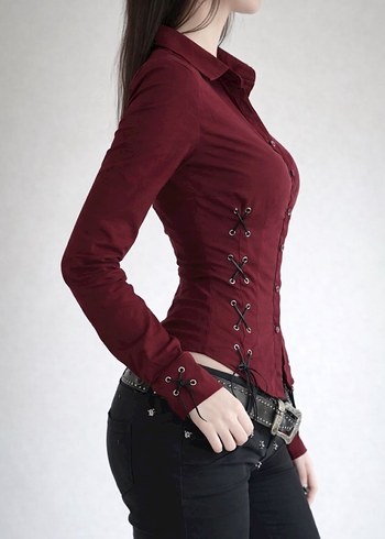 Bordo Düğmeli Gotik Kadın gömlek - Görsel 2