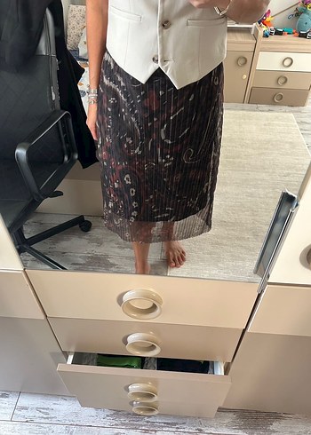 Zara Kahverengi Pilili Midi Bohem Etek