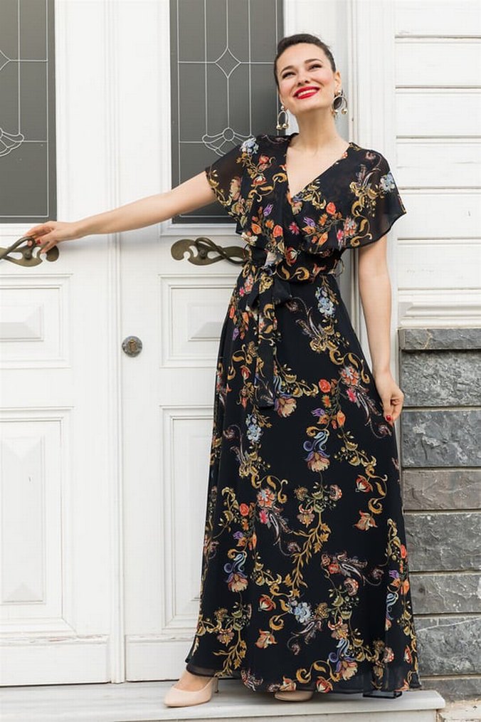 Bohem Siyah Desenli Uzun Elbise - Görsel 3