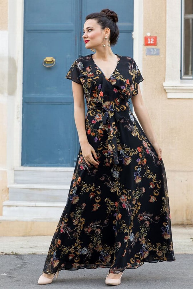 Bohem Siyah Desenli Uzun Elbise - Görsel 2