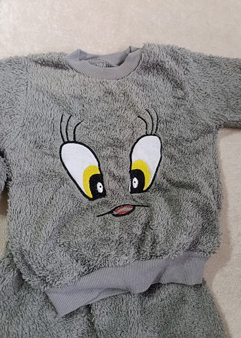 Gri Peluş Nakışlı Kız Eşofman Takımı - Görsel 3