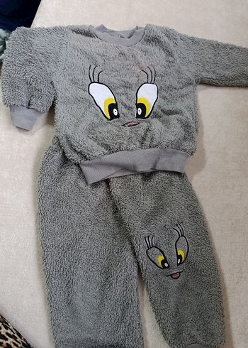 Gri Peluş Nakışlı Kız Eşofman Takımı - Görsel 2