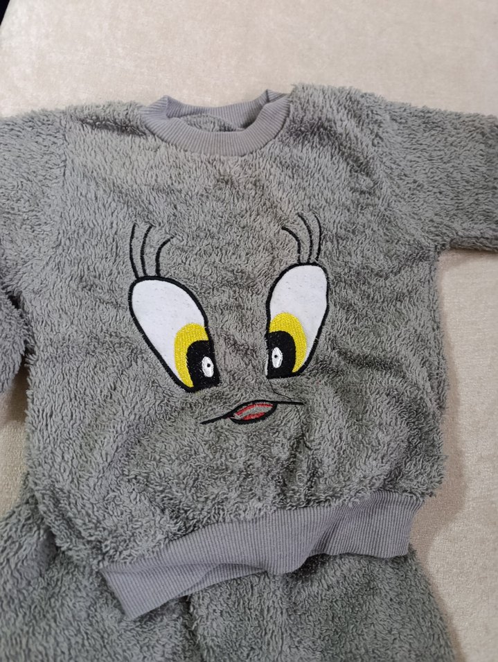 Gri Peluş Nakışlı Kız Eşofman Takımı - Görsel 3