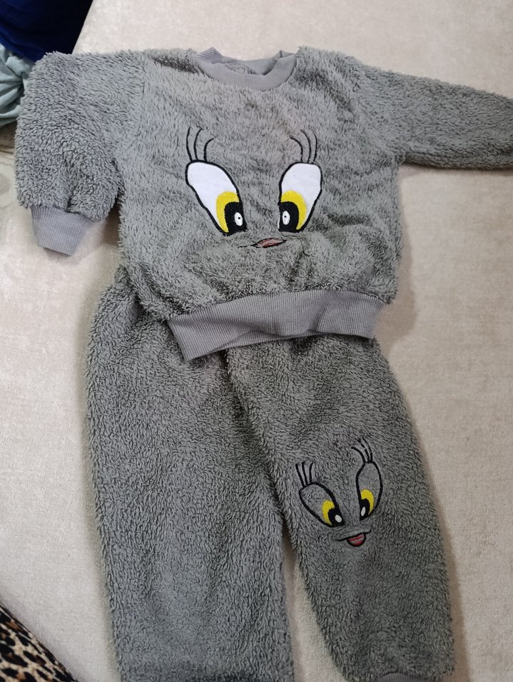 Gri Peluş Nakışlı Kız Eşofman Takımı - Görsel 2