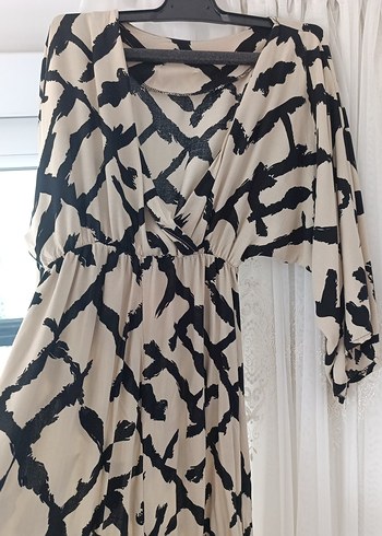 Bej Siyah Bağlama Desenli Bohem Uzun Elbise - Görsel 4