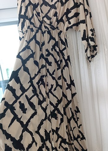 Bej Siyah Bağlama Desenli Bohem Uzun Elbise - Görsel 2