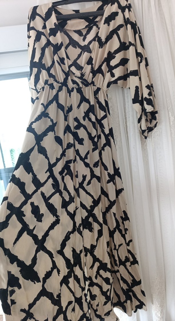 Bej Siyah Bağlama Desenli Bohem Uzun Elbise - Görsel 2