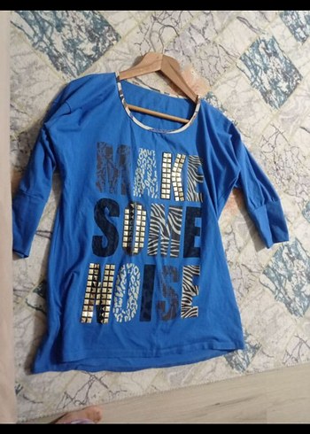 Mavi Uzun Kollu Payetli Salaş Kadın Tişört - Görsel 3