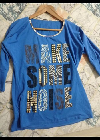 Mavi Uzun Kollu Payetli Salaş Kadın Tişört - Görsel 2