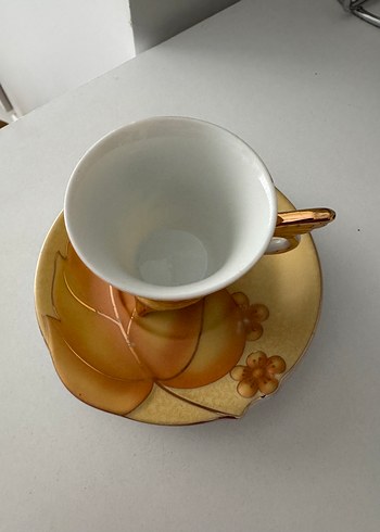 Bej Çiçek Desenli Porselen Fincan ve Tabağı - Görsel 2