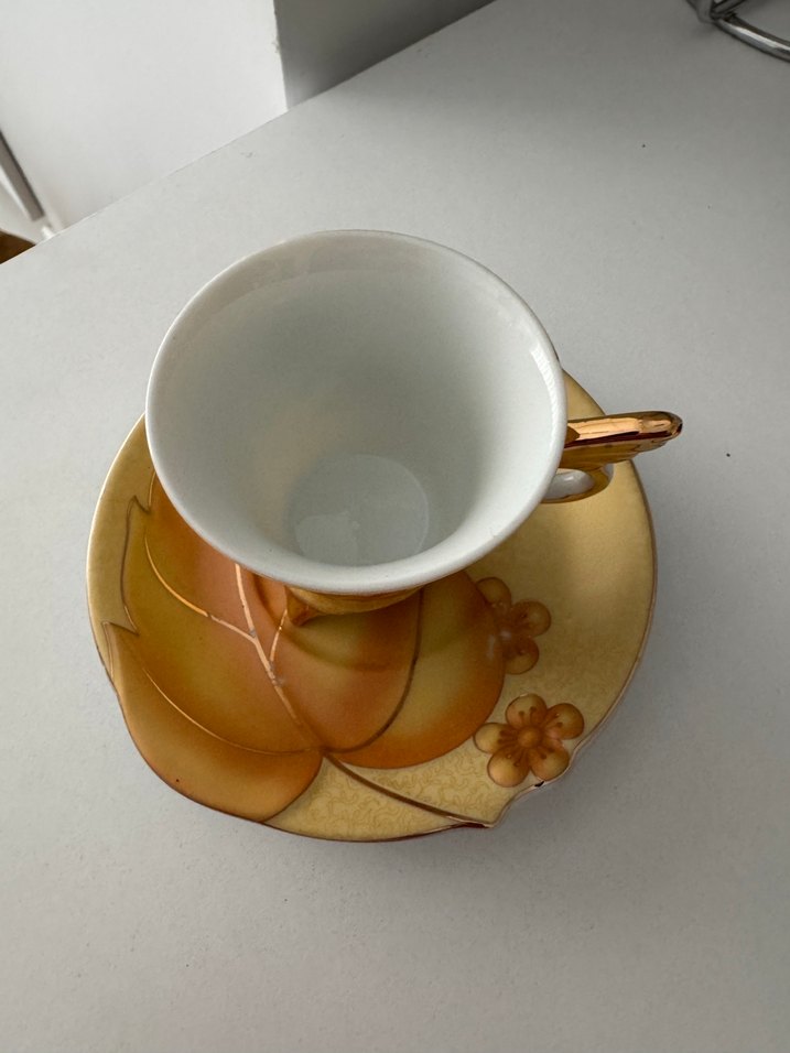 Bej Çiçek Desenli Porselen Fincan ve Tabağı - Görsel 2