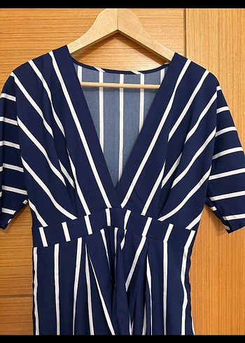 Lacivert Çizgili V Yaka  elbise - Görsel 2
