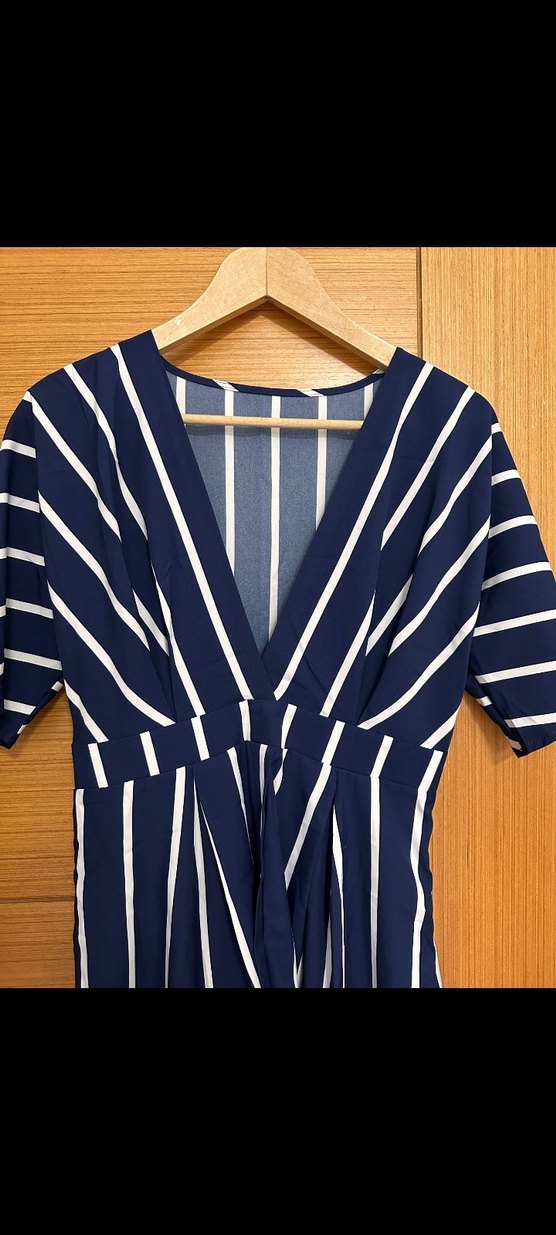 Lacivert Çizgili V Yaka  elbise - Görsel 2