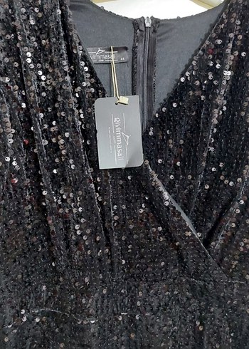 Siyah Payetli Uzun V Yaka Kadın Elbise - Görsel 2