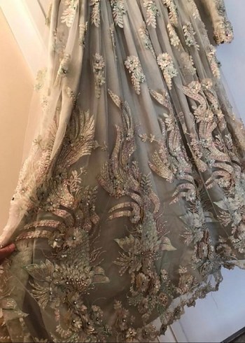 Bej Nakışlı Uzun Kollu Vintage Abiye - Görsel 2