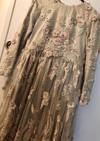 Bej Nakışlı Uzun Kollu Vintage Abiye - Görsel 5