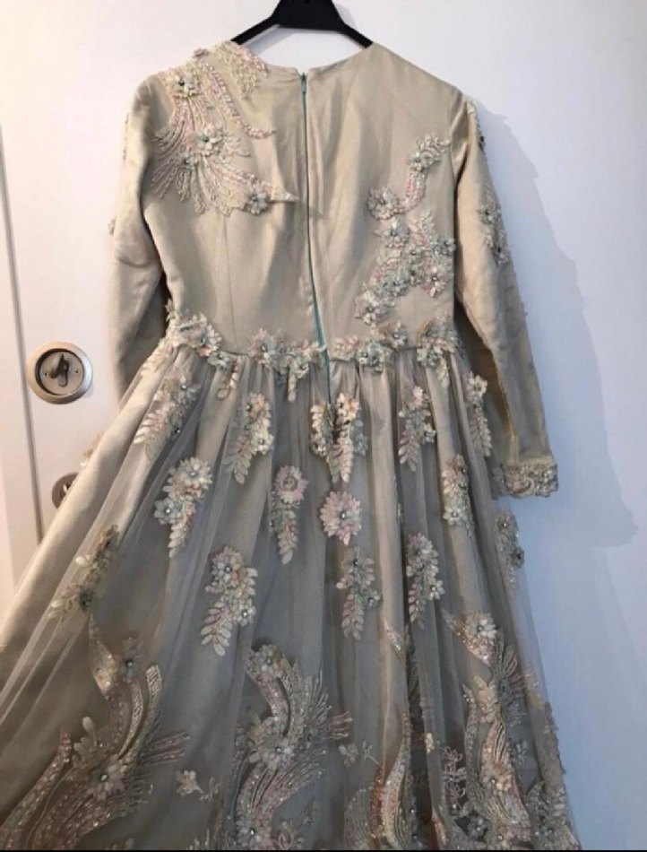 Bej Nakışlı Uzun Kollu Vintage Abiye - Görsel 4