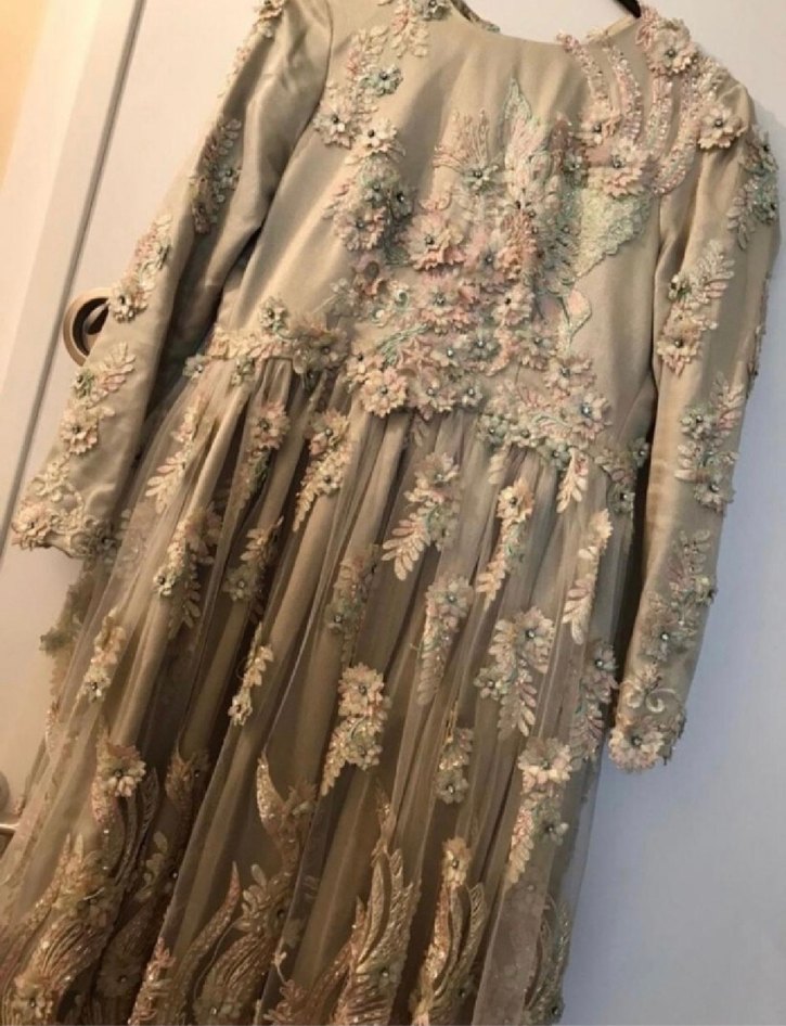 Bej Nakışlı Uzun Kollu Vintage Abiye - Görsel 5