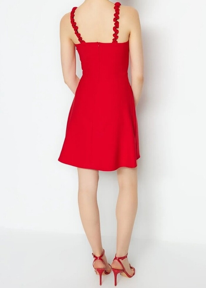 Kırmızı A Kesim Kare Yaka Askı Detaylı Kadın Elbise - Görsel 2