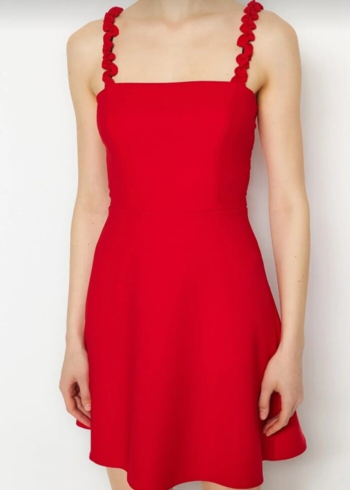 Kırmızı A Kesim Kare Yaka Askı Detaylı Kadın Elbise - Görsel 4