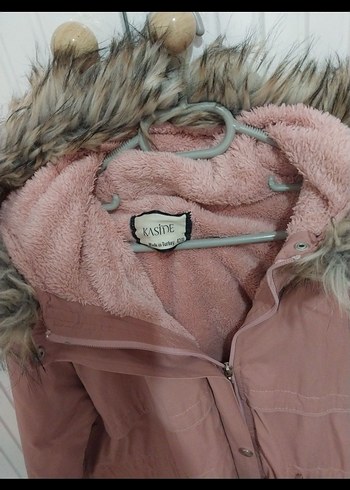 Pembe Kadın Midi Kışlık Kürklü Kapüşonlu mont - Görsel 3