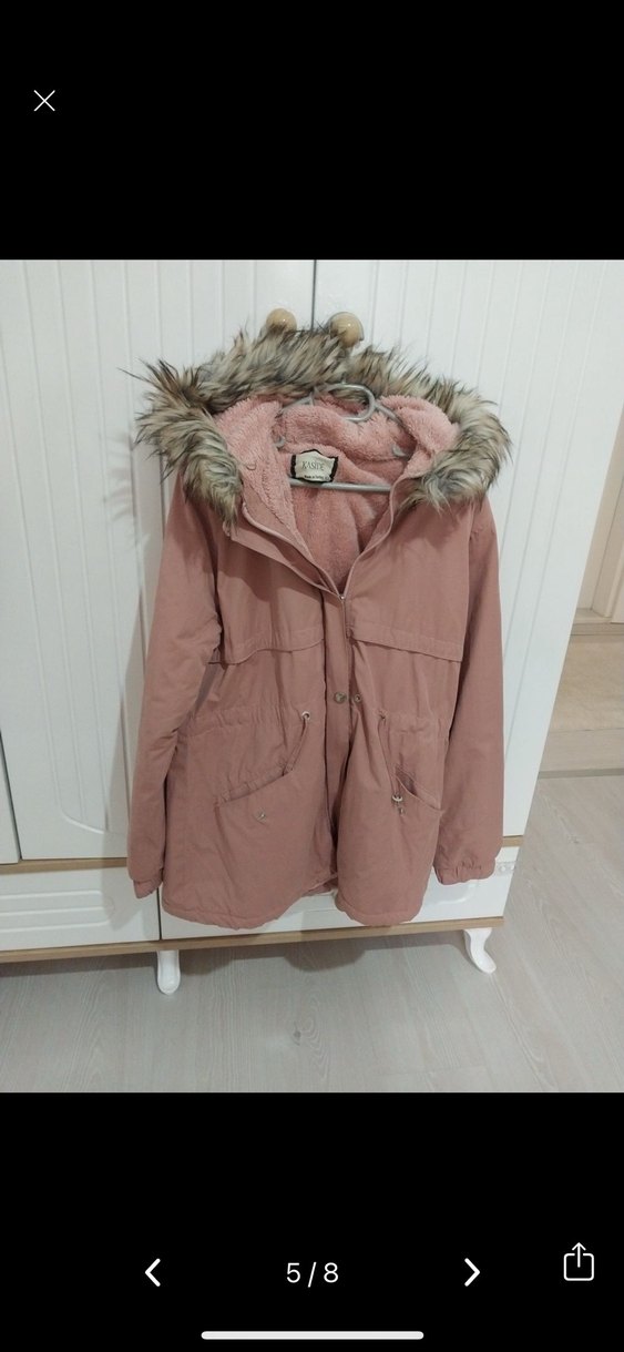 Pembe Kadın Midi Kışlık Kürklü Kapüşonlu mont - Görsel 4