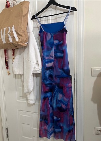 Mavi Batik Desenli Uzun Askılı Elbise