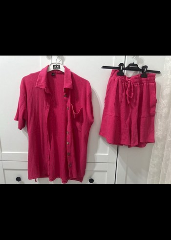 Düğmeli Kısa Kollu Keten Pembe Kadın Gömlek