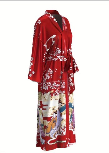 Desenli Kırmızı Uzun Kadın kimona - Görsel 3