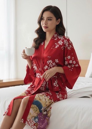 Desenli Kırmızı Uzun Kadın kimona - Görsel 2