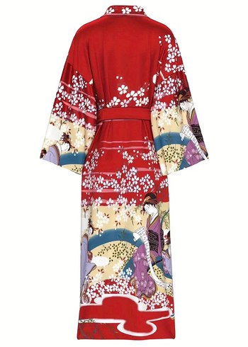 Desenli Kırmızı Uzun Kadın kimona - Görsel 4