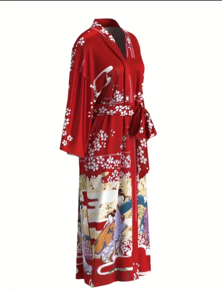 Desenli Kırmızı Uzun Kadın kimona - Görsel 3