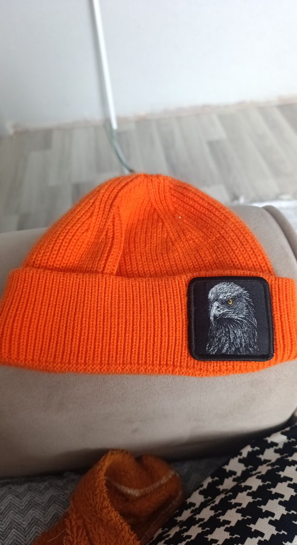 Turuncu Örgü Kadın Bere Kartal Detaylı - Görsel 2