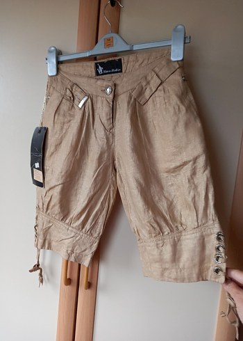 Bej Kemerli Keten Kadın Bermuda Şort - Görsel 5