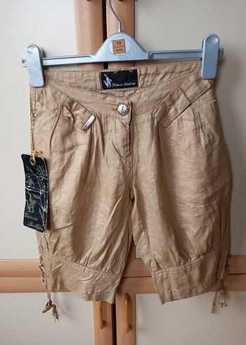 Bej Kemerli Keten Kadın Bermuda Şort - Görsel 8
