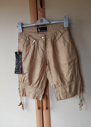 Bej Kemerli Keten Kadın Bermuda Şort - Görsel 6