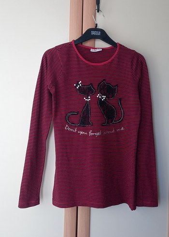 Bordo Çizgili Kız Çocuk Uzun Kollu Tişört - Görsel 4
