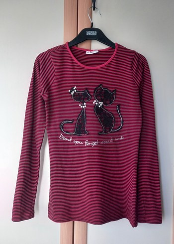 Bordo Çizgili Kız Çocuk Uzun Kollu Tişört - Görsel 3