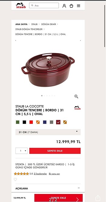 Lav STAUB KOYU GRİ 31 CM 5.5L OVAL DÖKÜM TENCERE