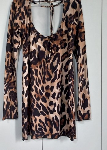Leopar Desenli Uzun Kollu Mini Elbise - Görsel 2