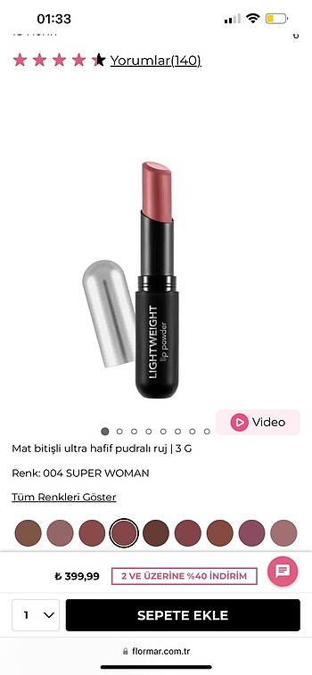  Beden Flormar Mat Bitişli Ultra Hafif Pudralı Ruj