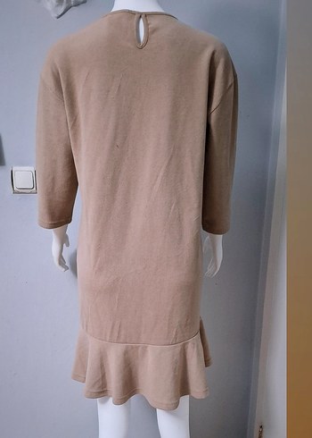 Diğer Bej Mini Triko Elbise, Fırfırlı, Rahat Kesim