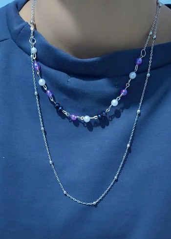 Uzun Mor Boncuklu Bohem Kadın Kolye - Görsel 2