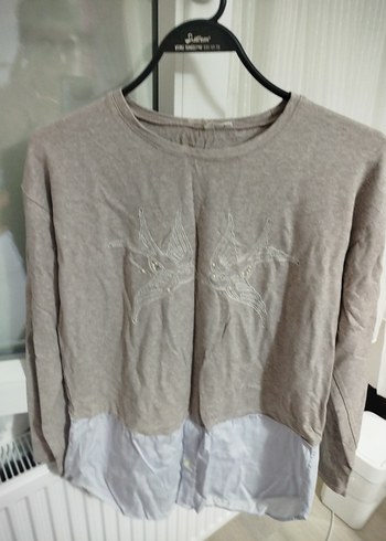 Nakışlı Bej Kadın Triko Sweatshirt