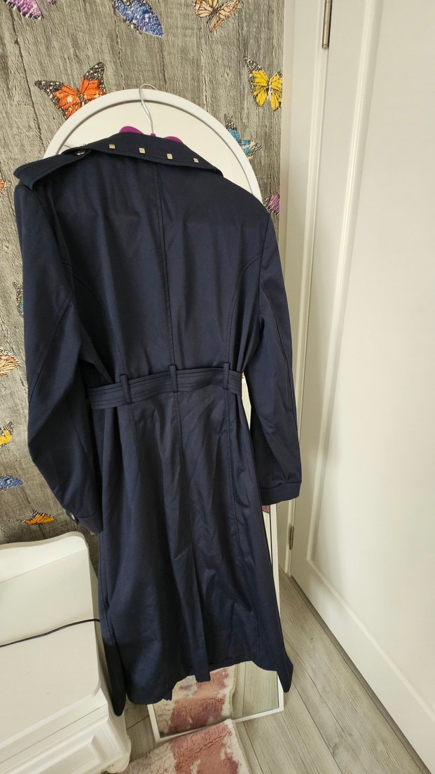 Düğmeli Lacivert Uzun Kadın Trençkot - Görsel 2