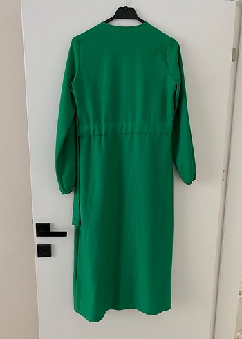 Uzun Yeşil V Yaka Drapeli Kadın Elbise - Görsel 5