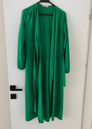 Uzun Yeşil V Yaka Drapeli Kadın Elbise - Görsel 2